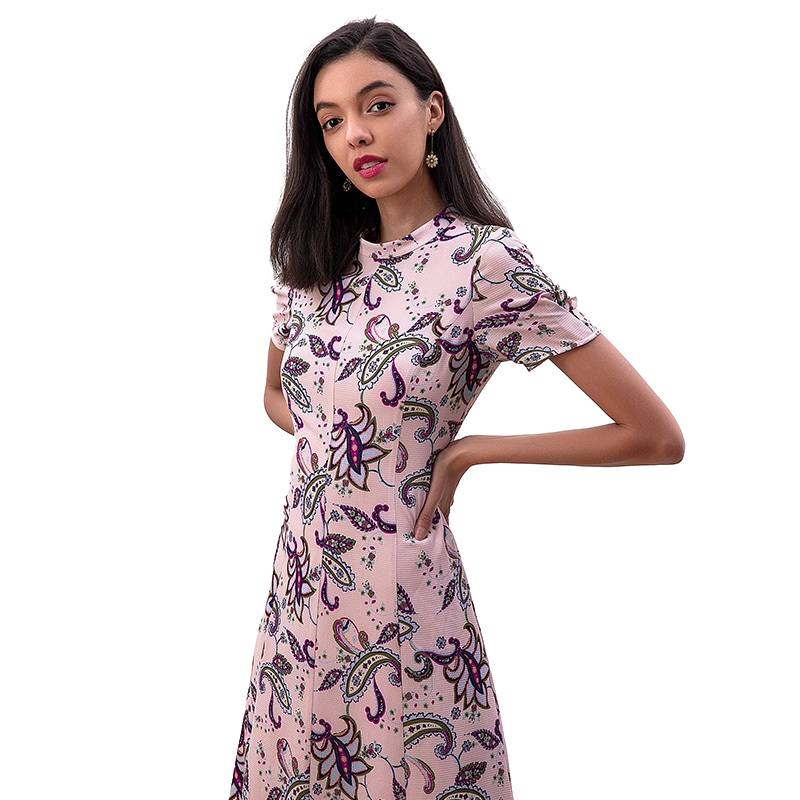 JJparty-D222 Women paisley print rolled collar A-line day dress