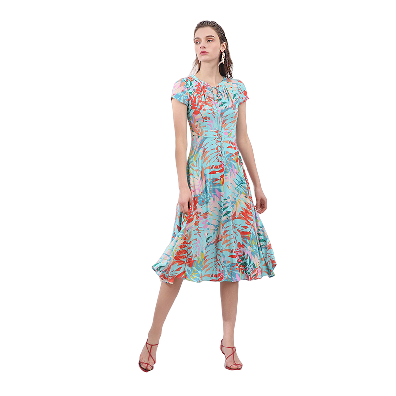 JJparty-H628-1 Women polyester print round neck cap sleeves flared midi dress