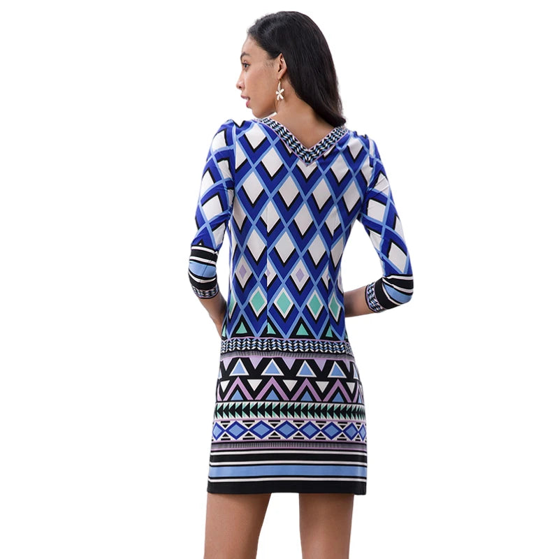 JJparty-D079 Women geometric print boat neck three quarter sleeves mini day dress