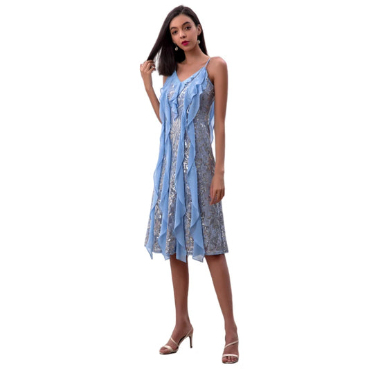 JJparty-D227 Women sequinned lace spaghetti straps ruffled detail midi party dress