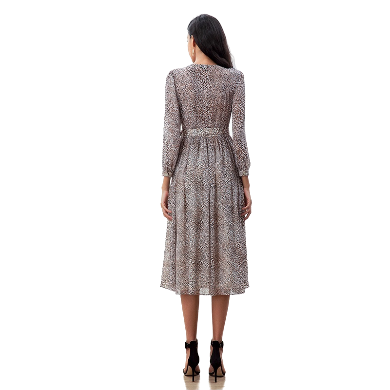 JJparty-D265 Women leopard print chiffon long puff sleeves wrap design pleated midi dress