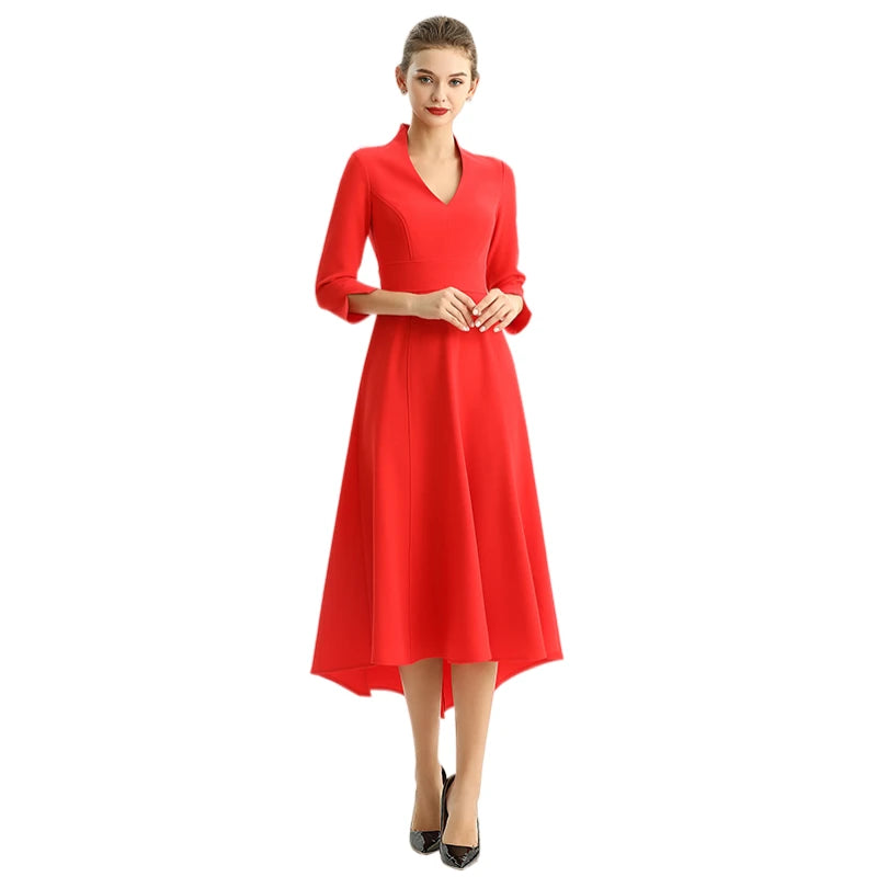JJparty-D186 Women solid three-quarter sleeves A-line high low hem midi party dress