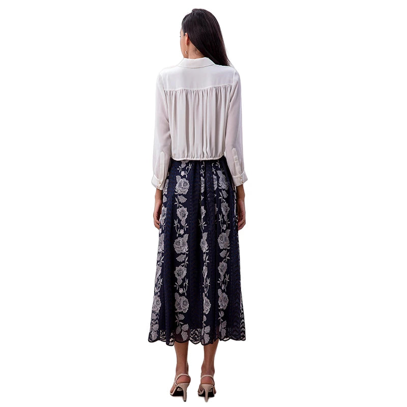 JJparty-S127-1 Women Roses embroidered mesh scallop hem A-line midi skirt