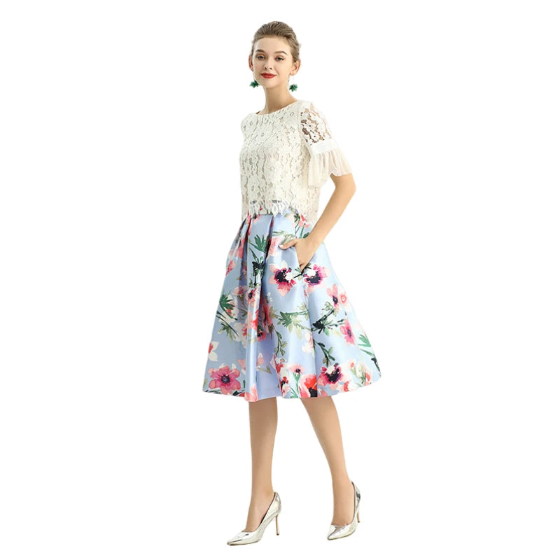 JJparty-S137 Women floral print inverted pleat A-line midi skirt