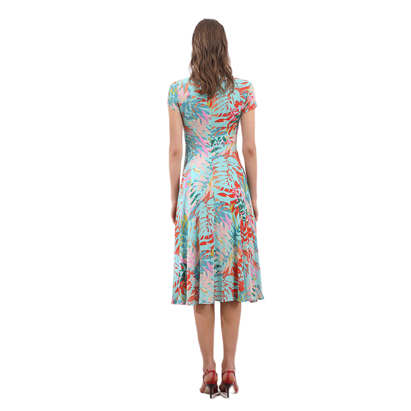 JJparty-H628-1 Women polyester print round neck cap sleeves flared midi dress