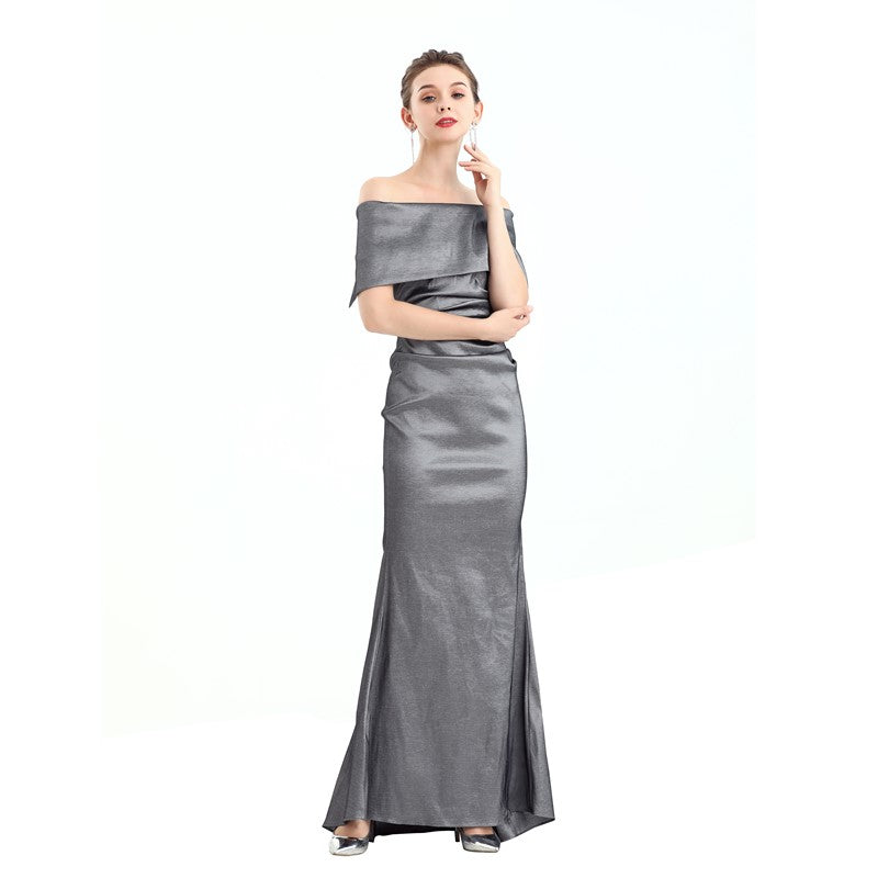 JJparty-D111 Women solid off shoulder draped detailing fitted mermaid maxi evening dress