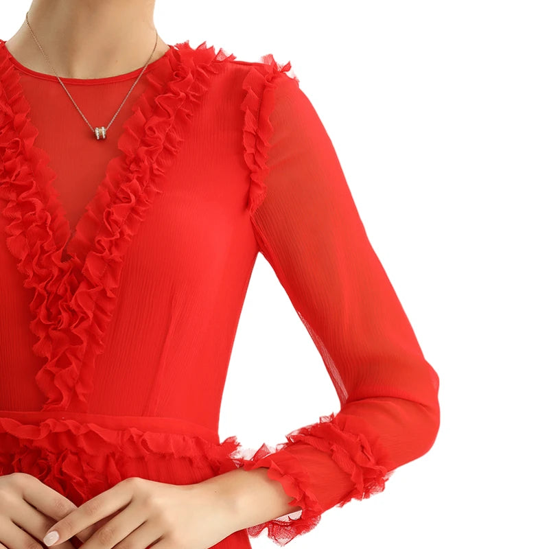 JJparty-D084 Women solid chiffon three quarters sleeves ruffle detailed midi party dress