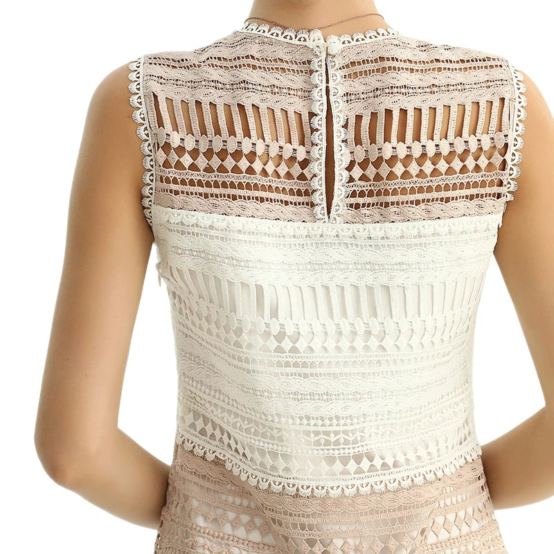 JJparty-D115 Women macramé lace-panelled sleeveless day and party midi dress
