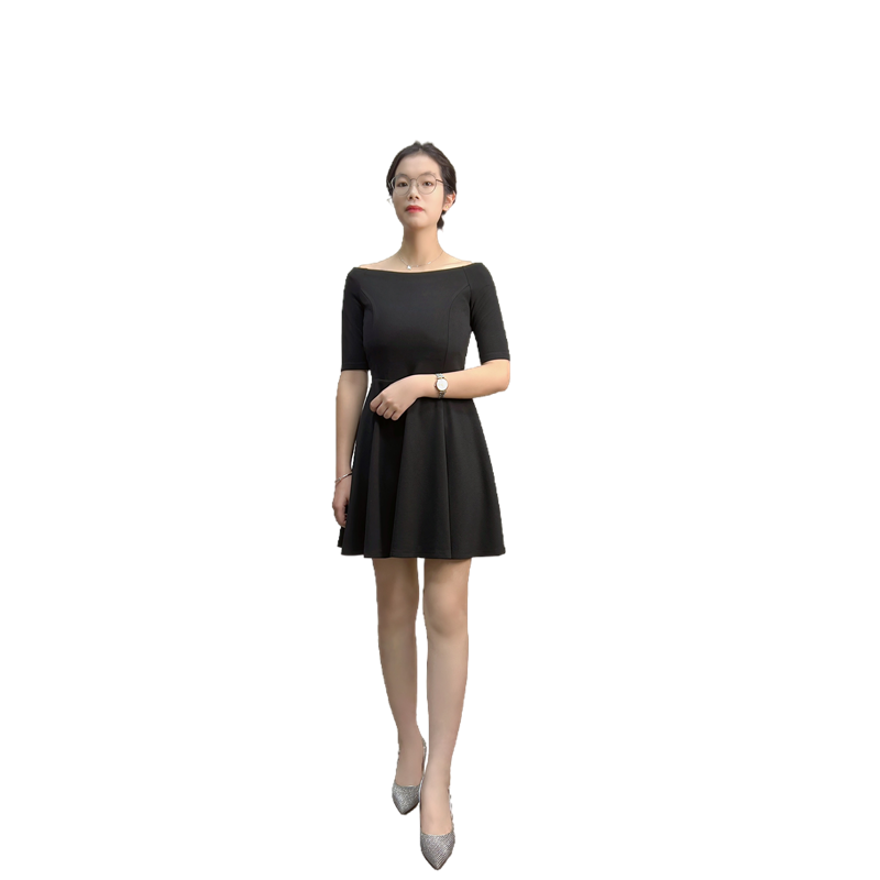JJparty-D413 Women solid short sleeve boat neck flared mini dress