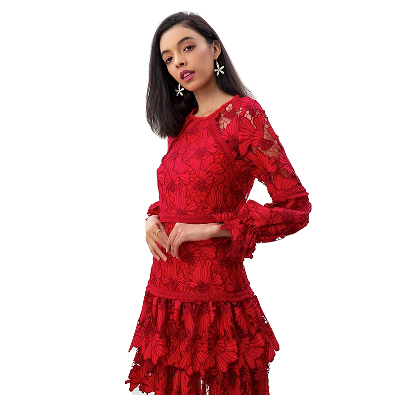 JJparty-D271 Women cut out embroidery long puff sleeves ruffle-tiered evening mini dress