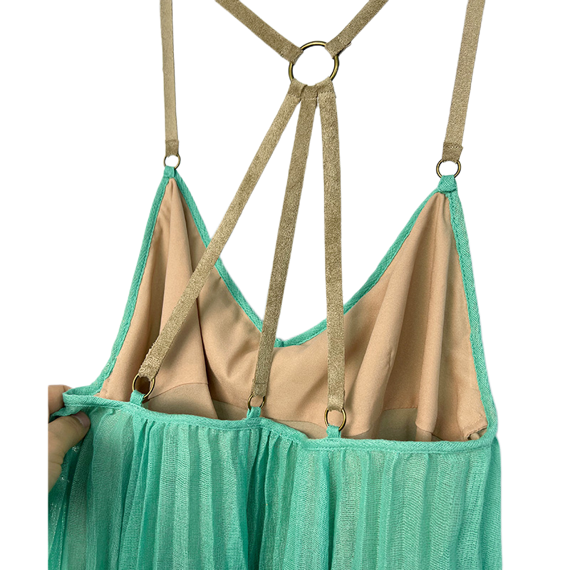 JJparty-9D51 Women solid gauze V-neck backless strappy pleated mini dress