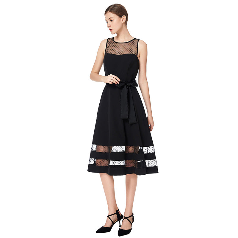 JJparty-D031 Women solid sleeveless swiss dot tulle-panel flared midi party dress