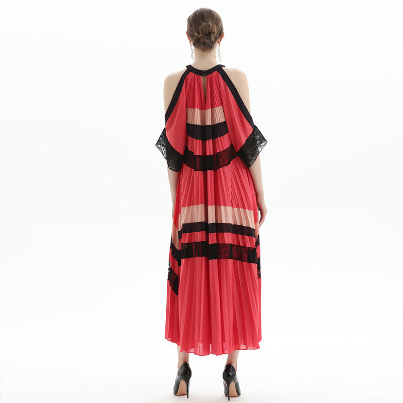 JJparty-D074 Women color block cut out shoulder three-quarter sleeves pleated maxi evening dress