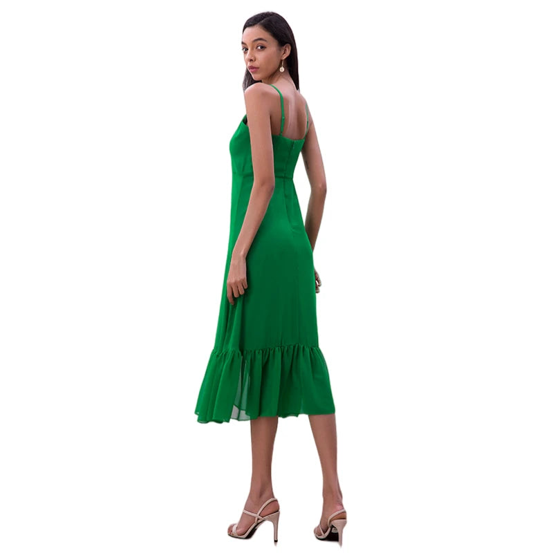 JJparty-D261-1 Women solid chiffon strappy tiered ruffle flared midi party dress
