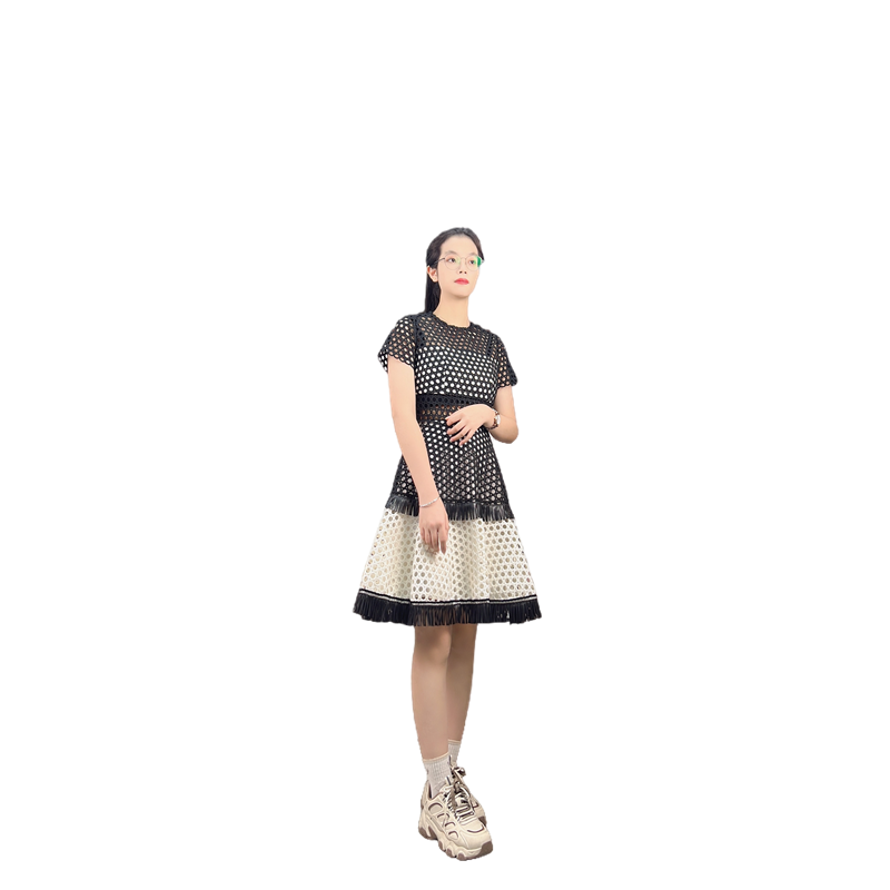 JJparty-D415 Women macramé lace short sleeves tiered design flared mini dress