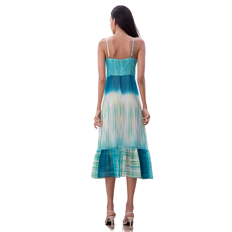 JJparty-D261 Women Tie-dye print strappy flared tiered ruffle midi dress