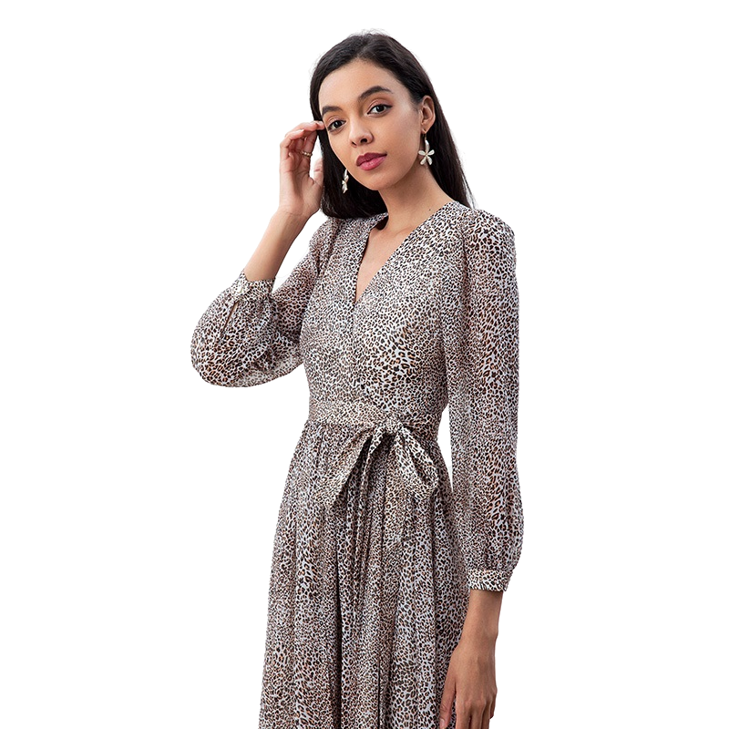 JJparty-D265 Women leopard print chiffon long puff sleeves wrap design pleated midi dress