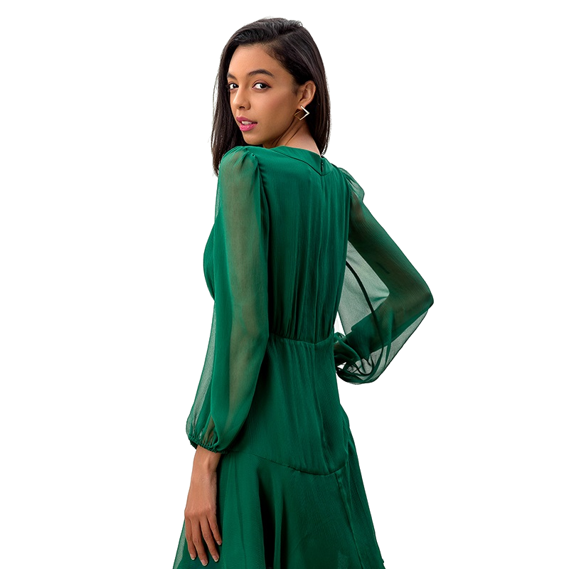JJparty-D272 Women silk crinkle chiffon long puff sleeves flounced mini dress