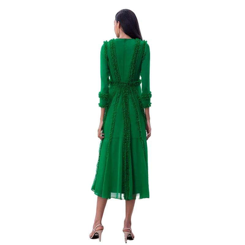 JJparty-D084 Women solid chiffon three quarters sleeves ruffle detailed midi party dress