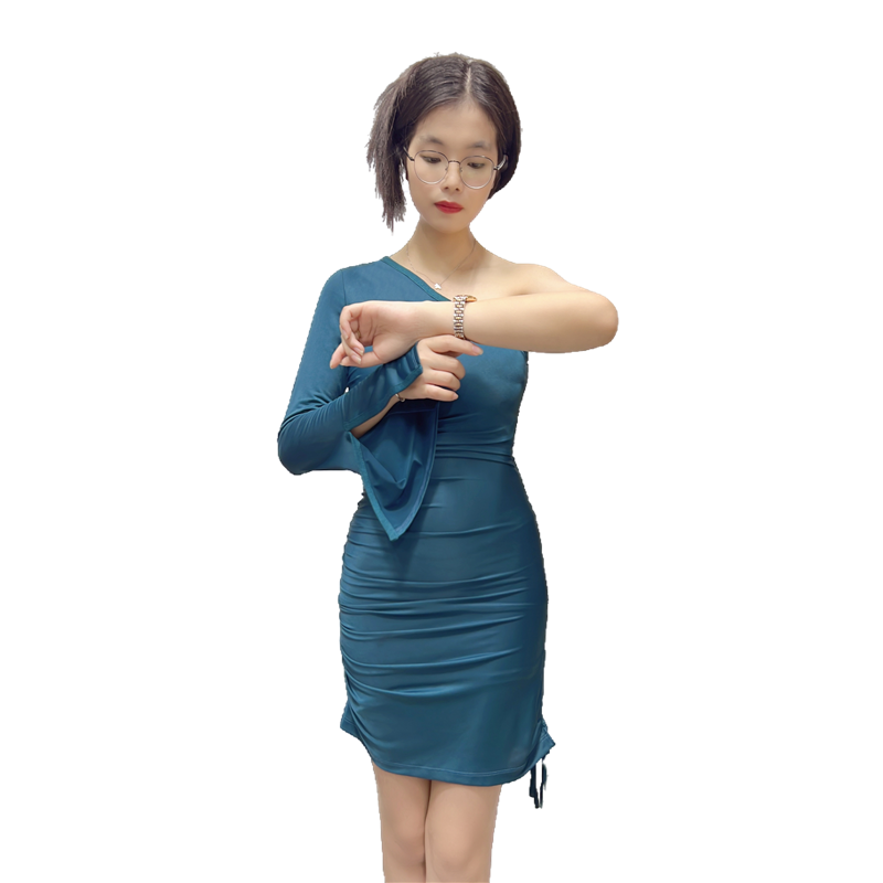 JJparty-D406 Women solid one-shoulder long sleeve ruched stretch-jersey bodycon dress