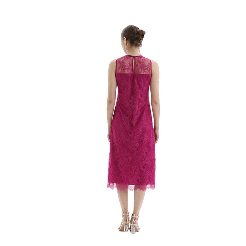 JJparty-D098-5 Women Floral eyelash lace sleeveless straight-cut party midi dress