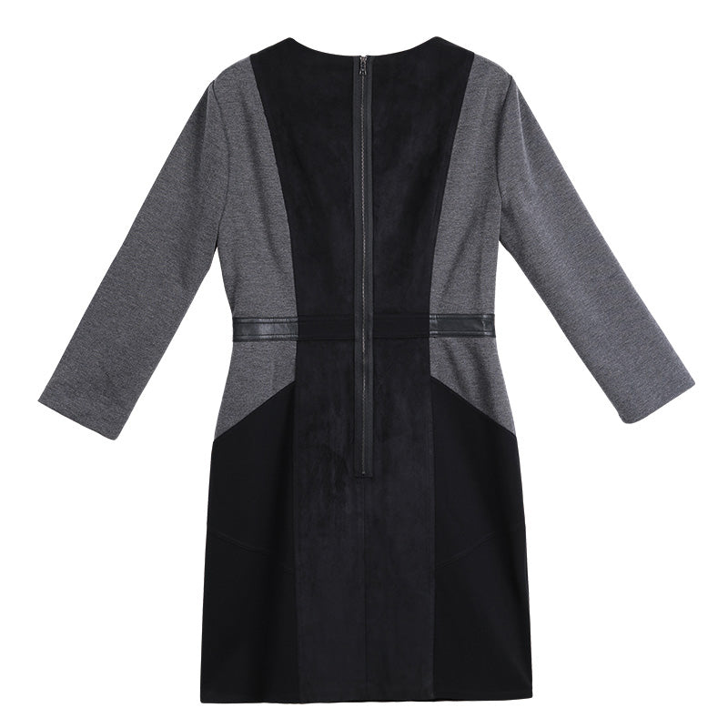 JJparty-1G70 Women heather knit faux suede color-block paneled smart casual short dress