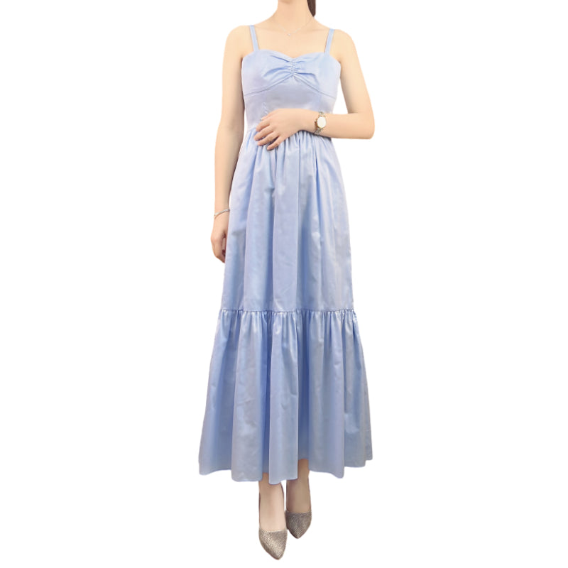 JJparty-D296 Women cotton strappy smocked back tiered ruffle flared midi dress