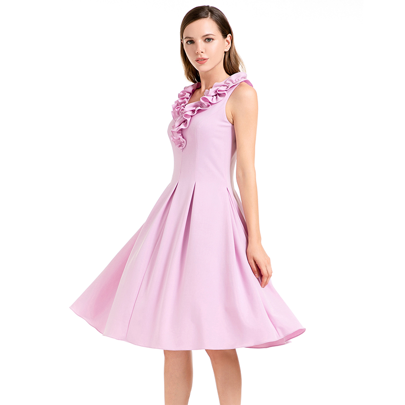 JJparty-D004 Women solid sleeveless ruched ruffle midi party dress