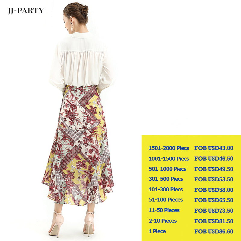 JJparty-S070-2 Women Retro print wrap design panelled asymmetric casual midi skirt