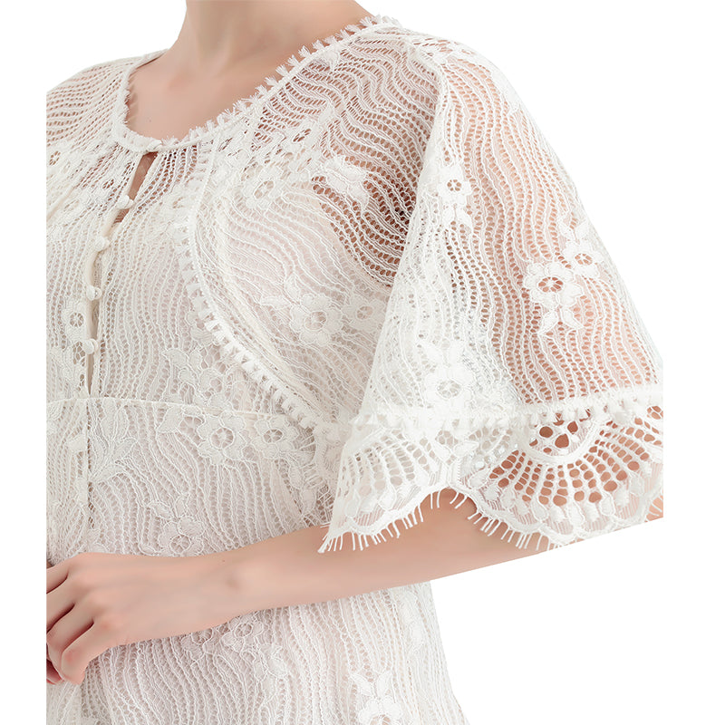JJparty-D078-2 Women floral lace cape sleeve flared asymmetric hem midi evening dress
