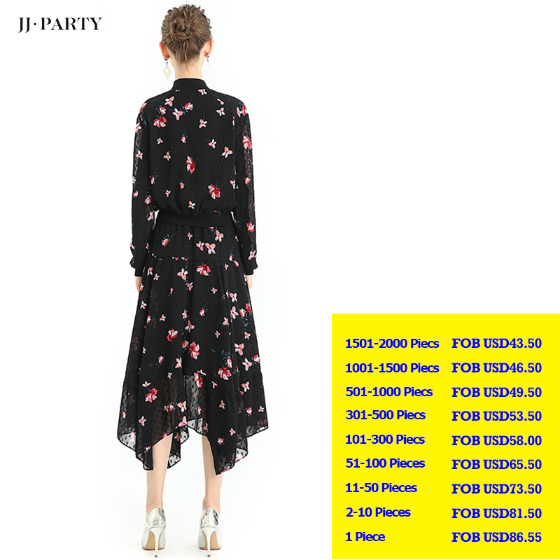 JJparty-S068-9 Women print swiss-dot clipped jacquard asymmetric panelled long flare handkerchief skirt