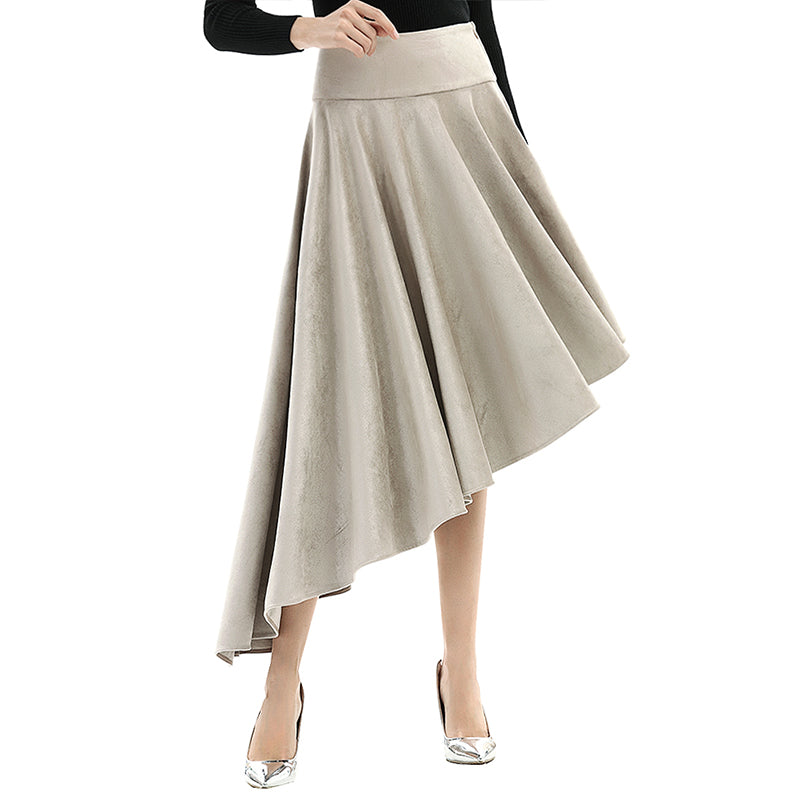 JJparty-S145 Women faux suede wide waistband full circle high low asymmetric flare skirt