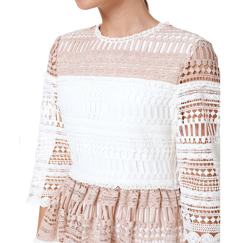 JJparty-D139 Women macramé lace-panelled three-quarter sleeves flared midi dress