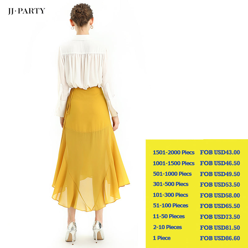 JJparty-S070-3 Women solid wrap design panelled asymmetric casual midi skirt