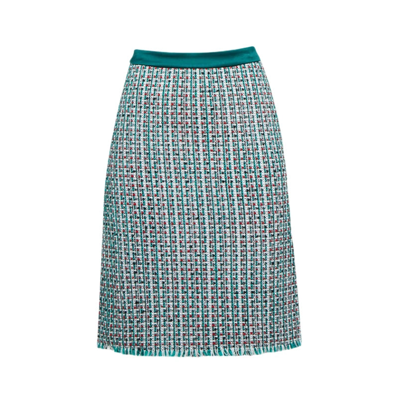 JJparty-C153 Women tweed plaid fringed hem A-line midi skirt