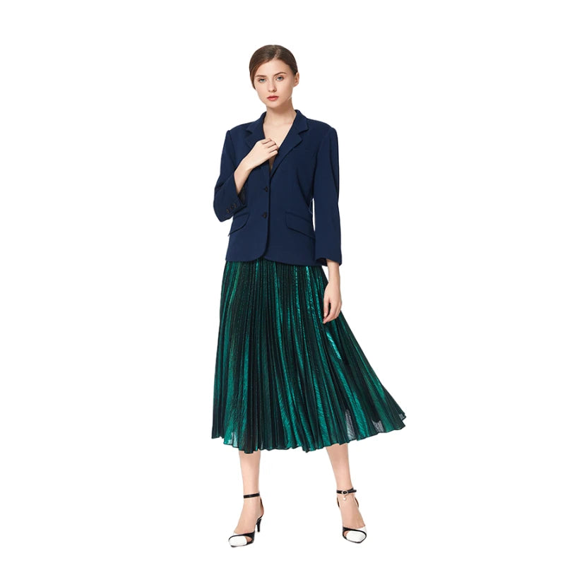 JJparty-C080 Women metallic knit elasticated waist full circle sunburst pleated evening midi skirt