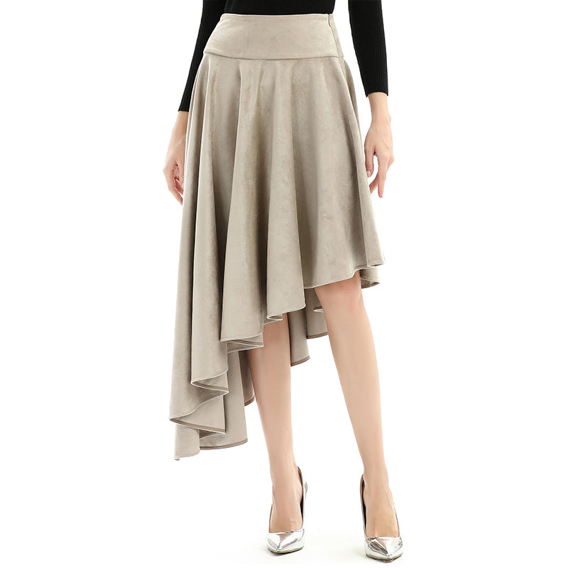 JJparty-S145 Women faux suede wide waistband full circle high low asymmetric flare skirt