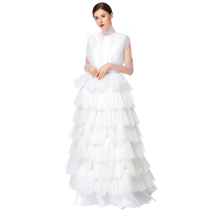 JJparty-D132 Women Girls satin top round neck pleated ruffle tiered tulle gown