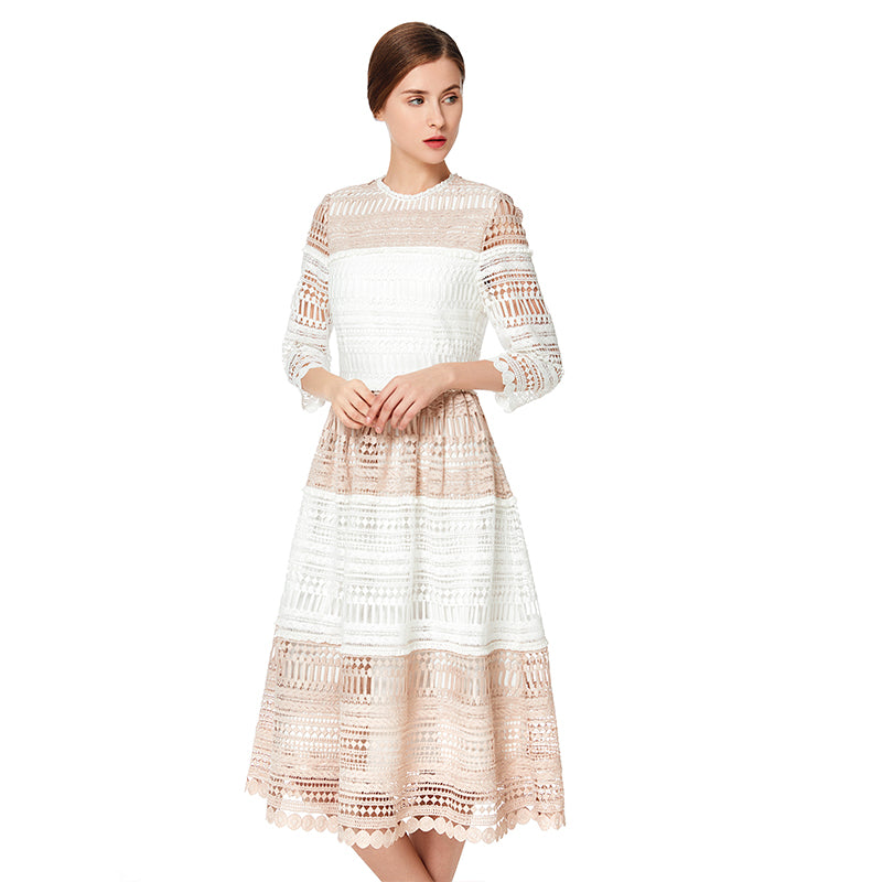 JJparty-D139 Women macramé lace-panelled three-quarter sleeves flared midi dress
