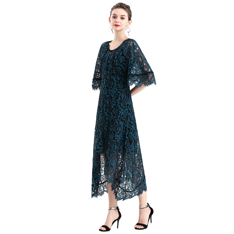 JJparty-D078-3 Women floral lace cape sleeve flared asymmetric hem midi evening dress