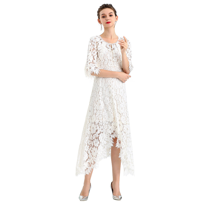 JJparty-D078-4 Women peony lace cape sleeve flared asymmetric hem midi evening dress