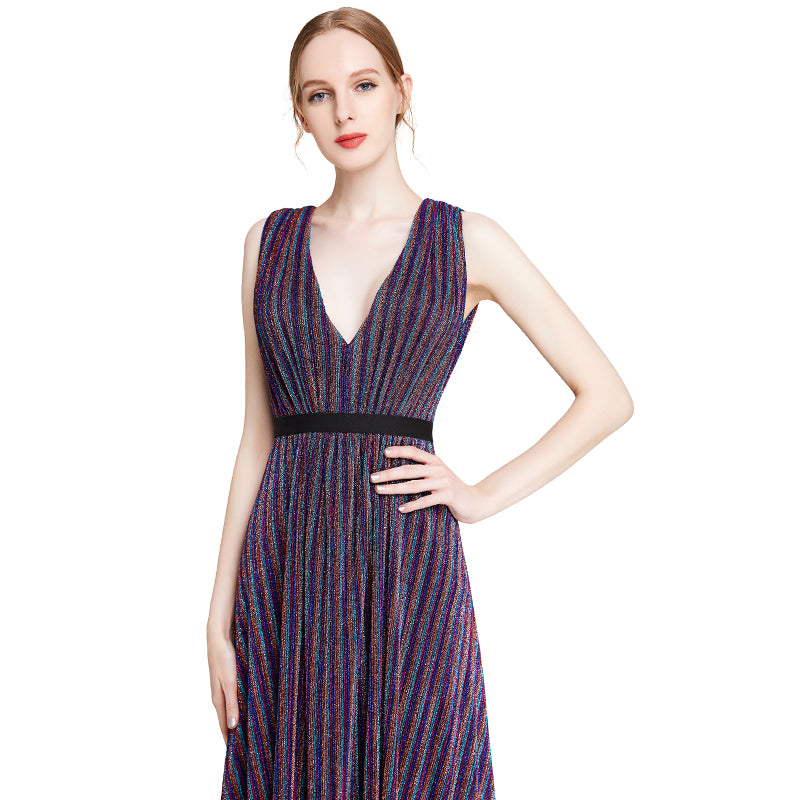 JJparty-D014 Women metallic knit V neck sleeveless pleated maxi evening dress