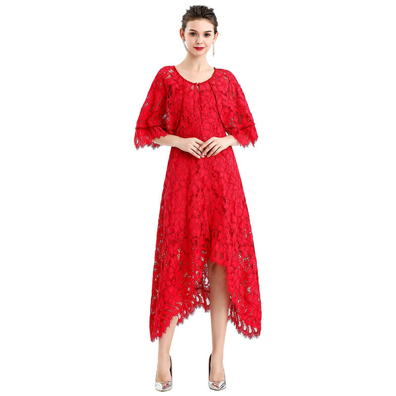 JJparty-D078-5 Women floral lace cape sleeve flared asymmetric hem midi evening dress