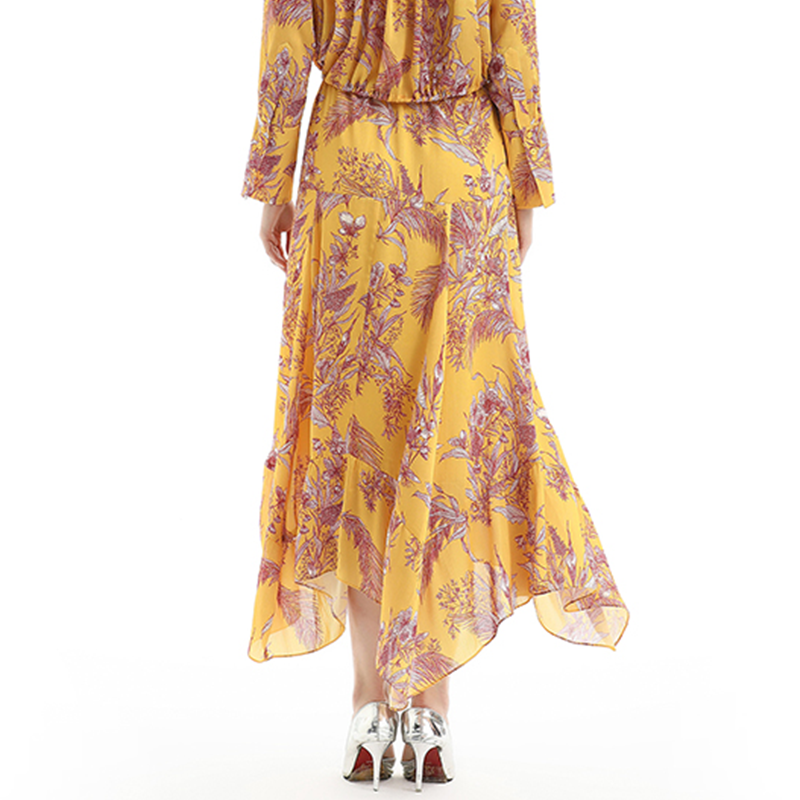 JJparty-S068 Women floral print asymmetric panelled long flare handkerchief skirt