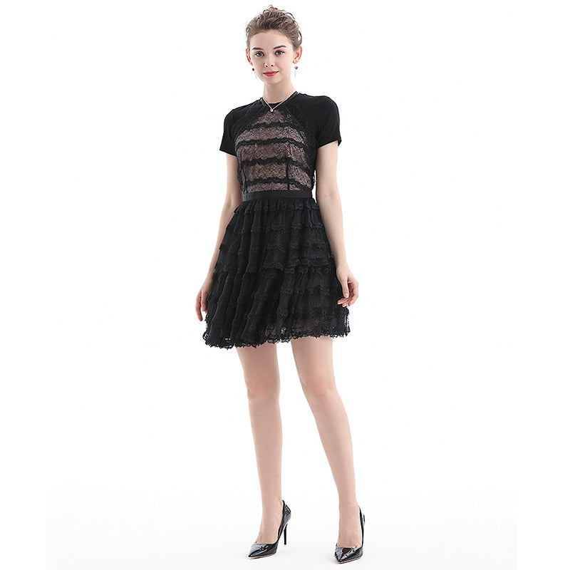 JJparty-D073 Women lace halter neck scallop trims ruffled detail tiered mini evening dress