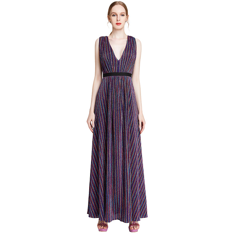 JJparty-D014 Women metallic knit V neck sleeveless pleated maxi evening dress