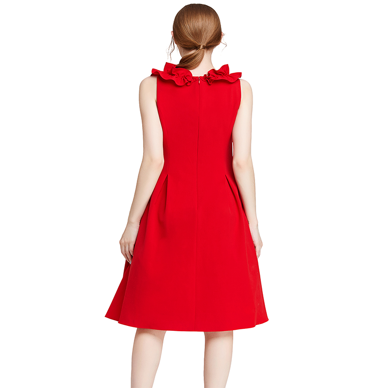 JJparty-D004 Women solid sleeveless ruched ruffle midi party dress