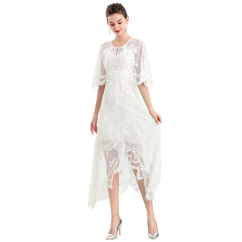 JJparty-D078-2 Women floral lace cape sleeve flared asymmetric hem midi evening dress