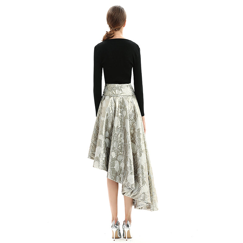 JJparty-S144 Women metallic bubble jacquard full circle asymmetric flare party skirt