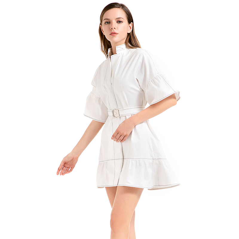 JJparty-D020 Women solid cotton twill short sleeves belted smart casual mini dress